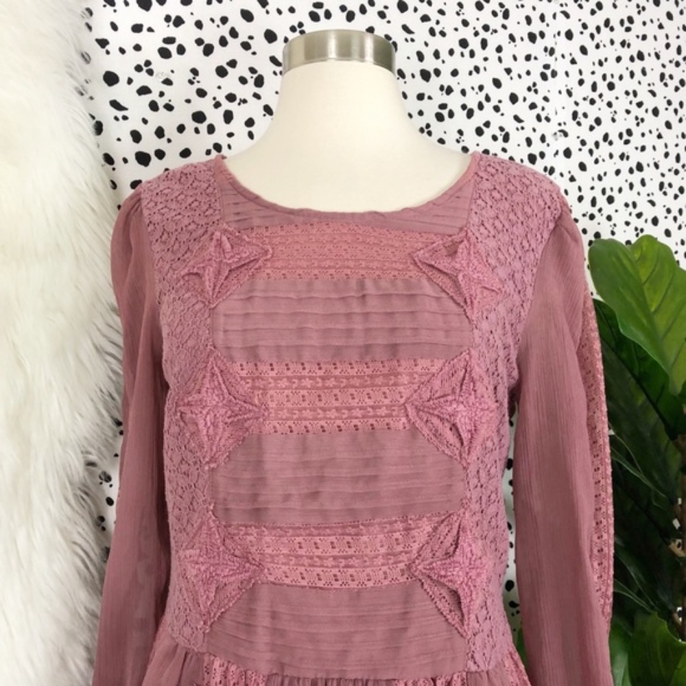 Free People | Leigh Mauve Lace Peasant Mini Dress - Picture 2 of 8